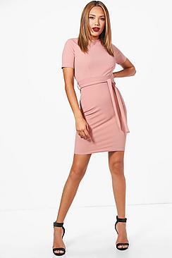 Boohoo Pleat Front Belted Tailored Dress