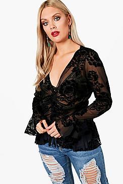 Boohoo Plus Sadie Rouched Flocked Mesh Top