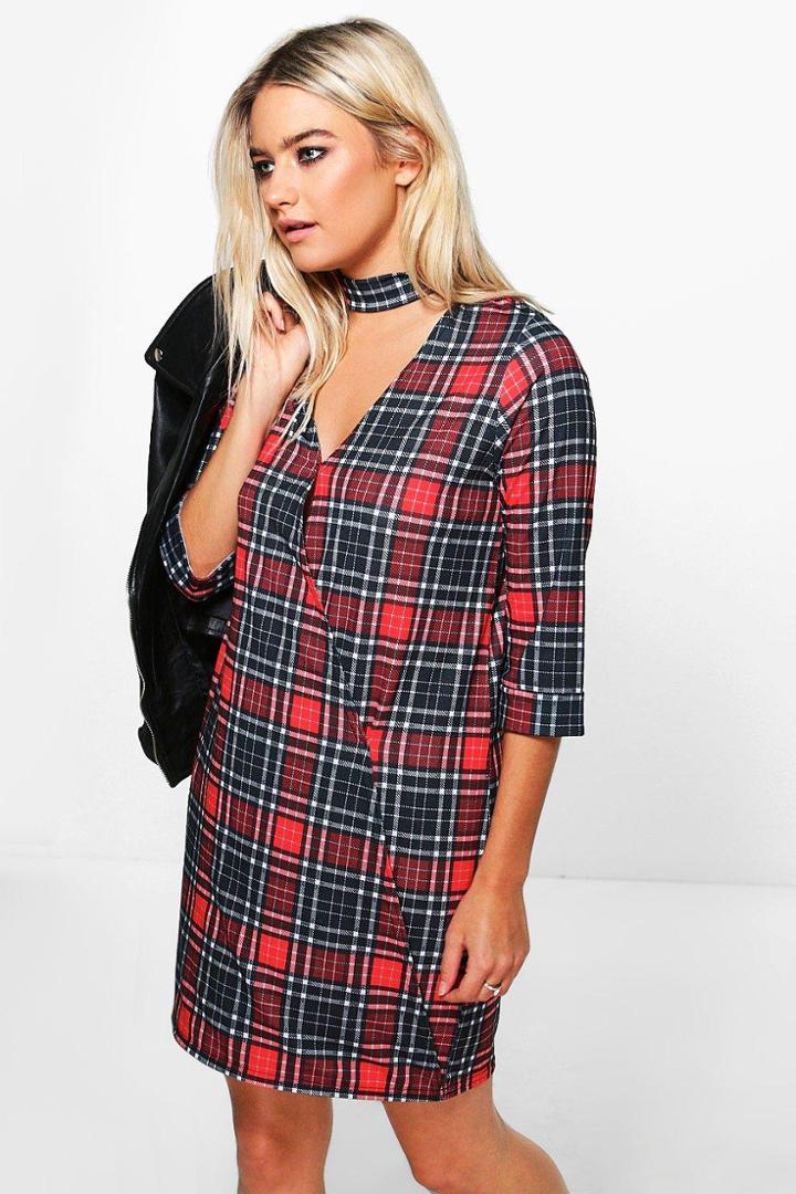 Boohoo Kira Check Choker Wrap Front Shift Dress Multi