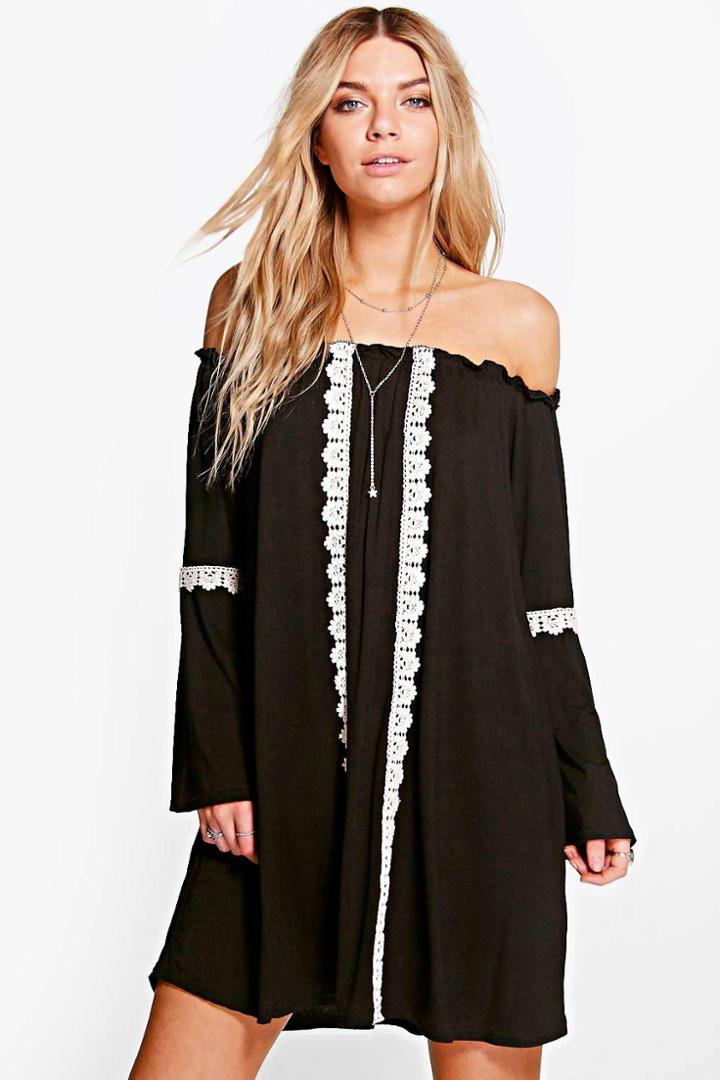 Boohoo Arianna Tribal Ethnic Swing Dress Black