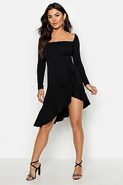 Boohoo Square Neck Ruffle Hem Midi Dress
