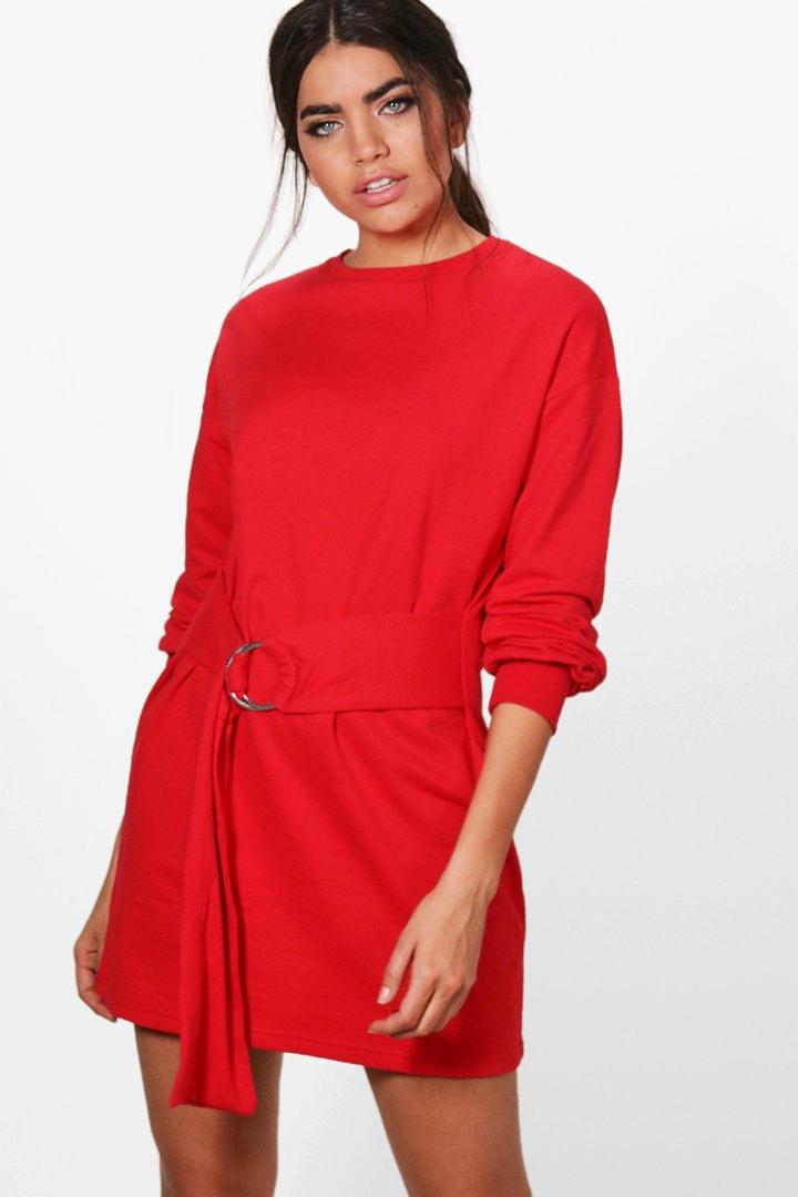 Boohoo Lauren O Ring Belted Sweat Dress Red