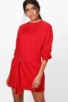 Boohoo Lauren O Ring Belted Sweat Dress Red