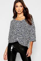 Boohoo Animal Print Crop Knot Front Button Blouse