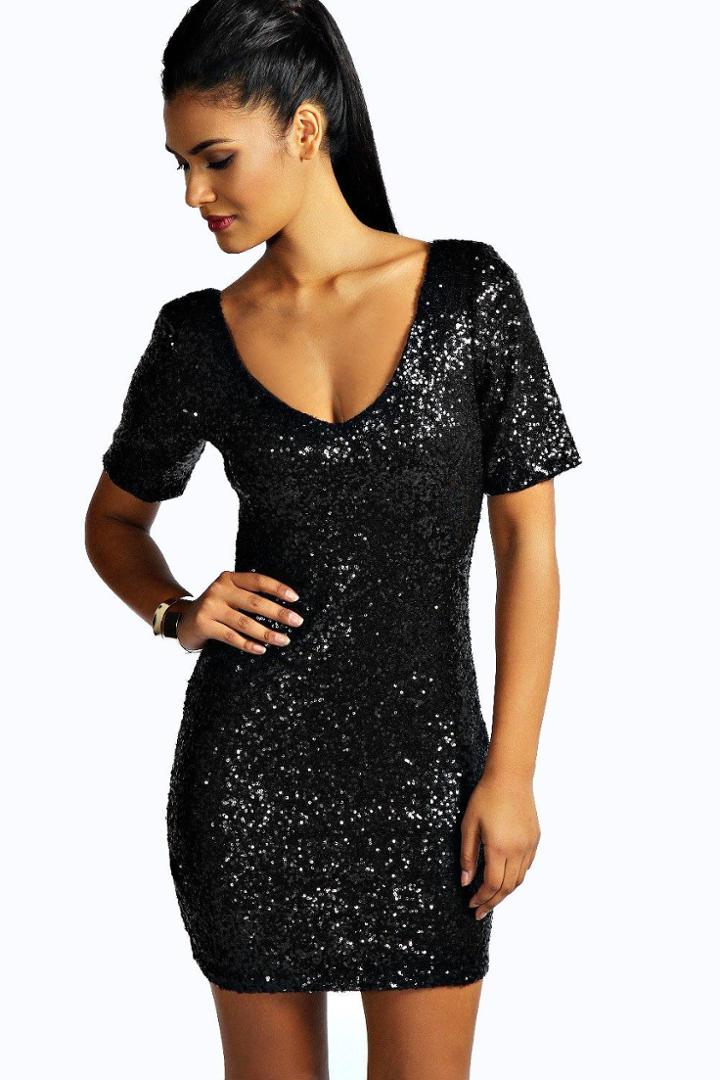 Boohoo Hollie Sequin Short Sleeve Bodycon Dress Black
