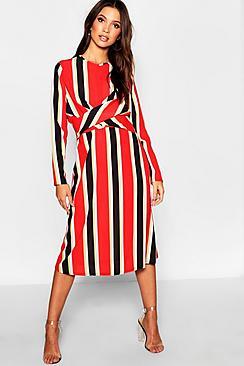 Boohoo Bold Stripe Knot Front Skater Dress
