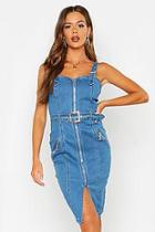 Boohoo Zip Through Belted Midi Denim Dress