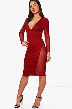 Boohoo Violet Plunge Neck Mesh Insert Midi Dress
