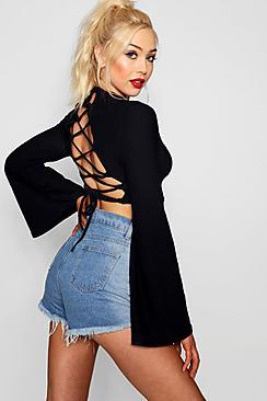 Boohoo Dana Shirred Cross Back Flare Sleeve Crop