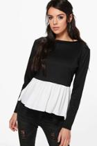 Boohoo Abigail Oversized Contrast Ruffle Hem Sweat Black