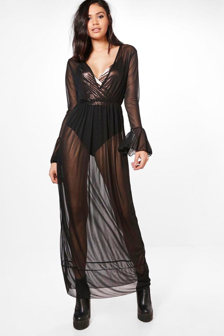 Boohoo Ria Mesh Ruffle Sleeve Maxi Dress Black