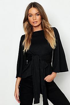 Boohoo Jumbo Rib Kimono Sleeve Tie Waist Top