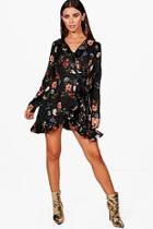Boohoo Petite Brooke Wrap Front Ruffle Printed Tea Dress