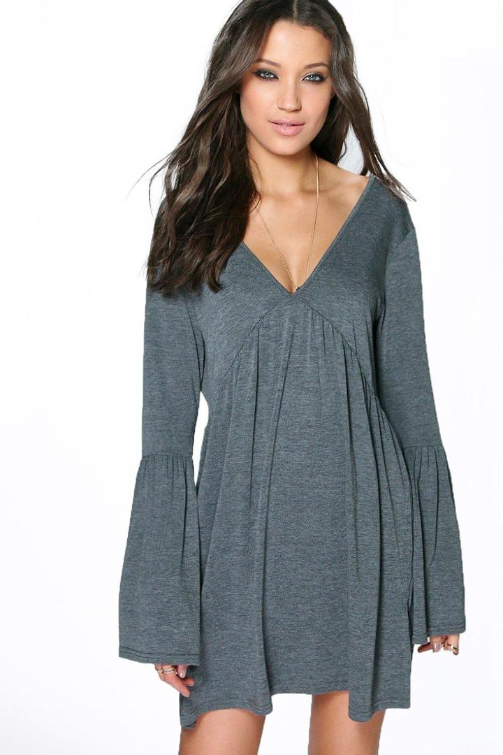 Boohoo Tall Millie V Neck Swing Dress Charcoal