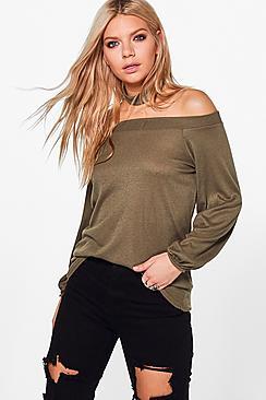Boohoo Darcy Rib Off The Shoulder Top With Choker