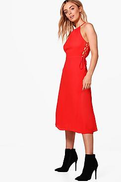 Boohoo Poppy Tie Side Midi Skater Dress