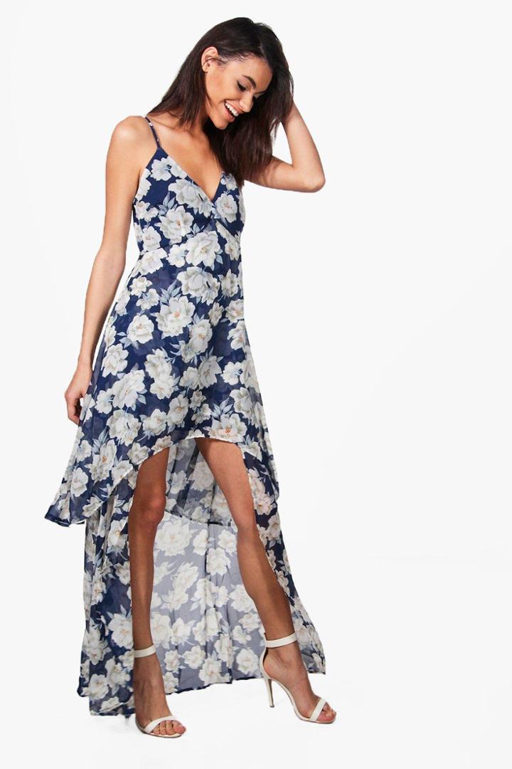 Boohoo Eliza Floral Chiffon Dip Hem Skater Dress Navy