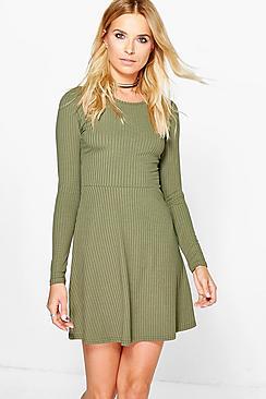 Boohoo Maryana Long Sleeved Ribbed Skater Dress