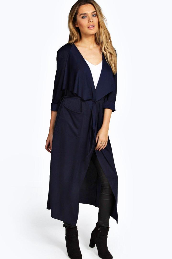 Boohoo Lola Belted Duster Coat - Navy