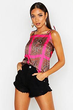 Boohoo Satin Print Square Neck Cami Top