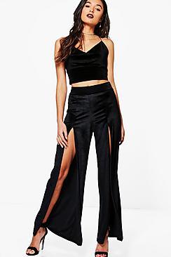 Boohoo Imani Split Front Velvet Wide Leg Trousers