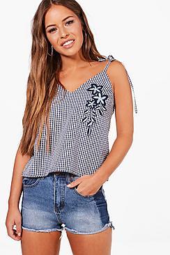 Boohoo Petite Amanda Washed Panel High Rise Denim Short