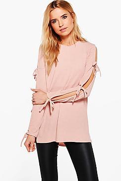 Boohoo Sophie Soft Rib Oversized Tie Sleeve Top