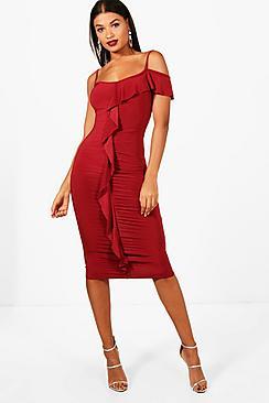 Boohoo Annabel Ruched Frill Detail Midi Dress