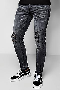 Boohoo Washed Black Skinny Fit Jeans With Distressed Knee