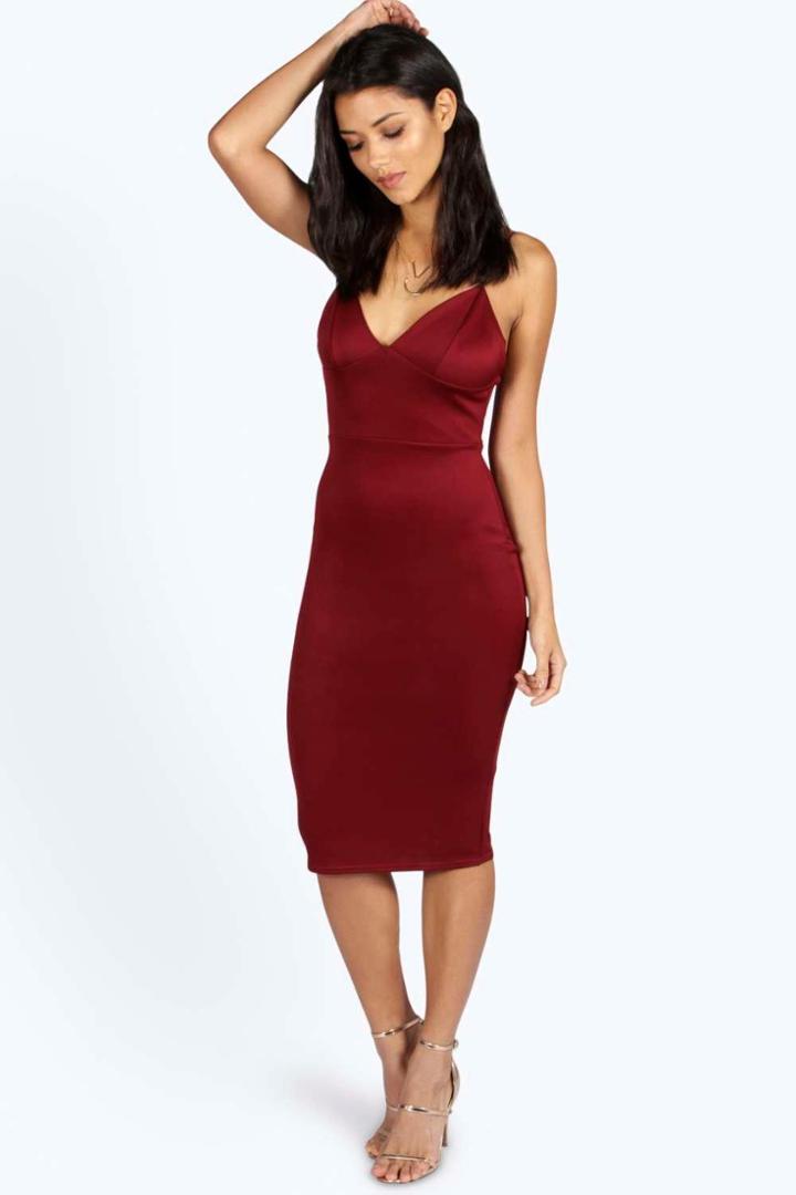 Boohoo Petite Fiona Plunge Neck Bodycon Dress Wine