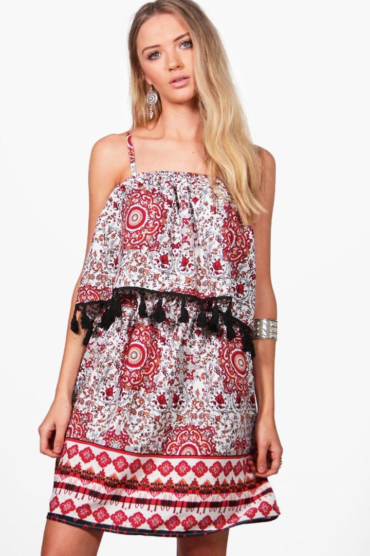 Boohoo Marie Tassel Detail Double Layer Shift Dress Multi