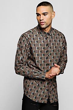 Boohoo Long Sleeve Tile Print Viscose Shirt