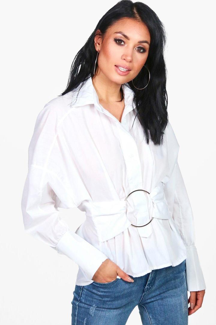 Boohoo Ella Tie Belt Large Cuff Shirt White