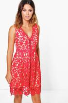 Boohoo Boutique Aiko Lace Ladder Trim Skater Dress Red