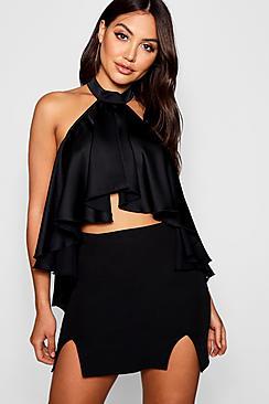 Boohoo Anna High Neck Ruffle Open Back Top