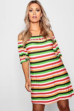 Boohoo Plus Striped Off The Shoulder Dress