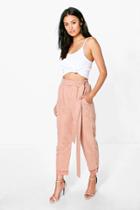Boohoo Naima Soft Touch Tie Waist Turn Up Trousers Sand