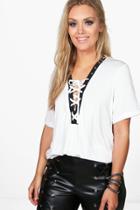 Boohoo Plus Blair Eyelet Lace Up Roll Sleeve Top White