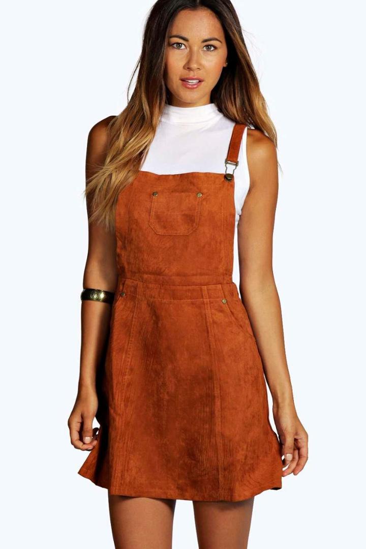 Boohoo Gabriella Suedette Dungaree Dress Rust