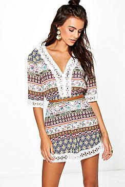 Boohoo Brianna Flower Printed Lace Trim Dress