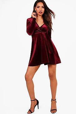 Boohoo Petite Molly Velvet Wrap Belted Skater Dress