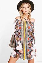 Boohoo Tisha Scarf Print Off The Shoulder Dress