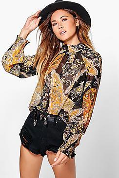 Boohoo Lily Paisley Print Shirred Neck & Cuff Blouse