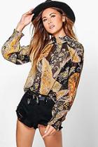 Boohoo Lily Paisley Print Shirred Neck & Cuff Blouse