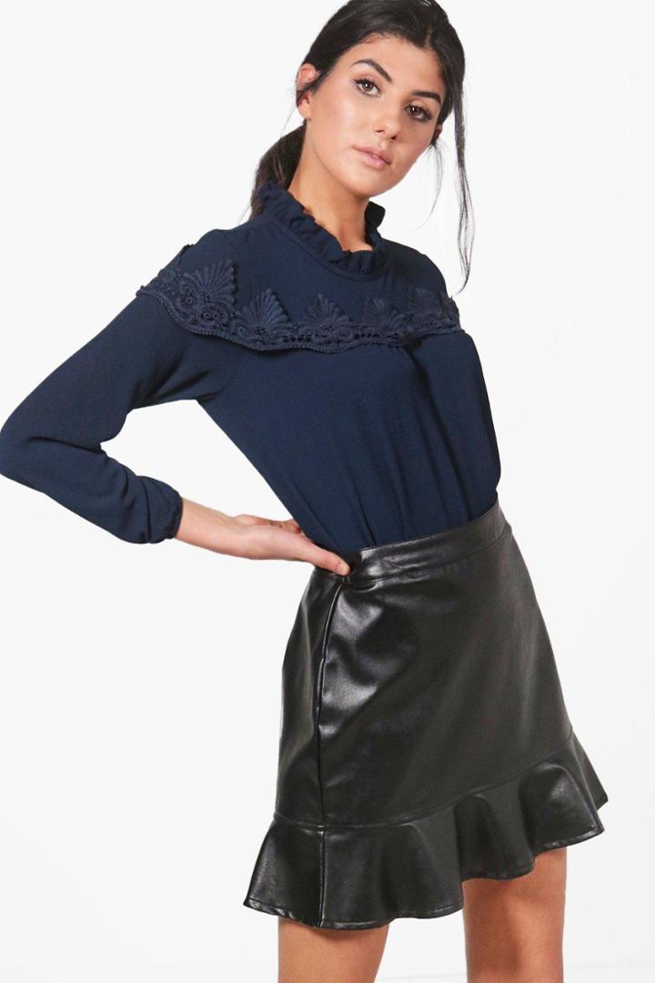 Boohoo Lila Lace Ruffle Trim Blouse Navy