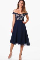 Boohoo Leilani Lace Chiffon Off Shoulder Midi Dress Navy