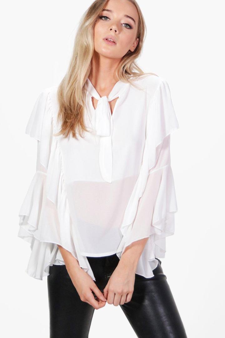 Boohoo Eva Tie Neck Frill Sleeve Tailored Blouse White
