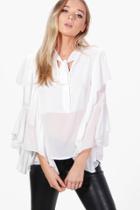 Boohoo Eva Tie Neck Frill Sleeve Tailored Blouse White
