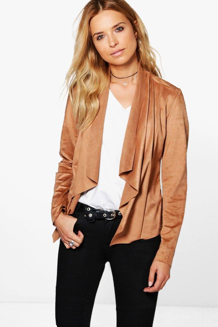 Boohoo Teresa Suedette Waterfall Jacket Tan