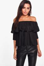 Boohoo Amy Pleated Ruffle Bardot Top Black